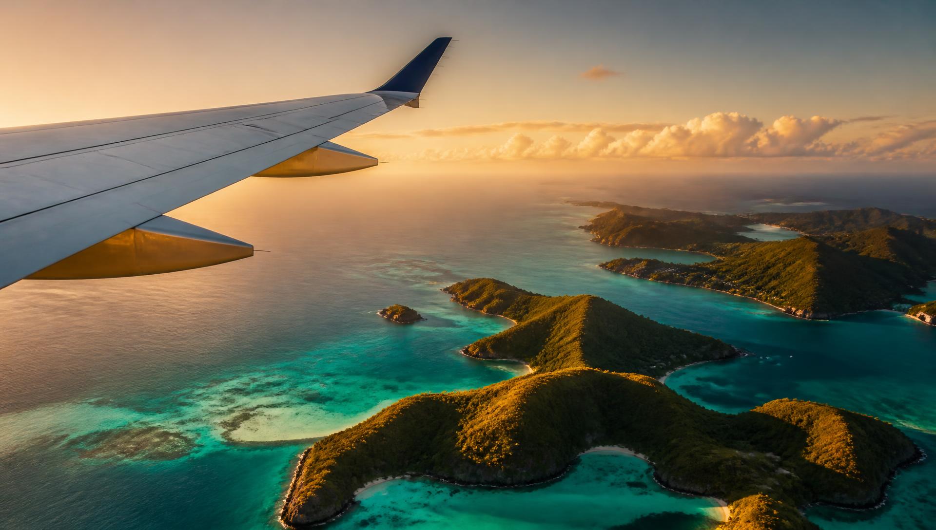 Avion survolant des îles tropicales au coucher du soleil